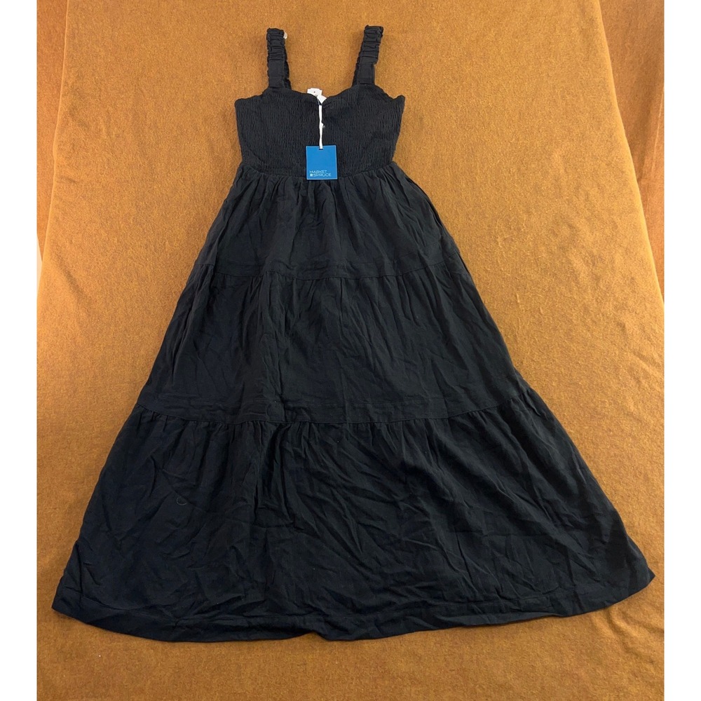 Market & Spruce Womens M Black Smocked Tiered Linen Blend Maxi Dress NWT